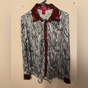 Cowgirl Tuff Zebra Print Button-Up Shirt with Red Accents